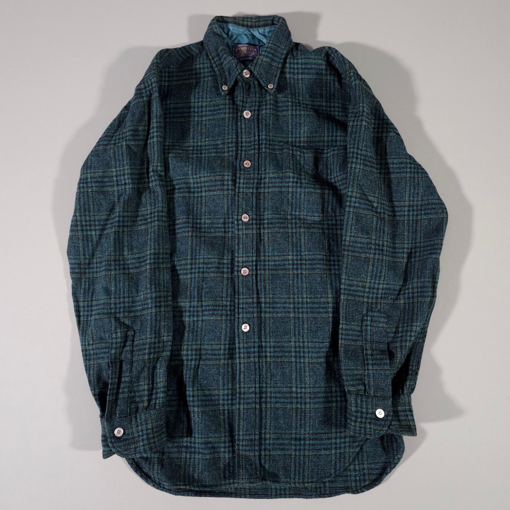 Pendleton Shirt Mens S Blue Green Plaid Virgin Wool Flannel Vintage 50s